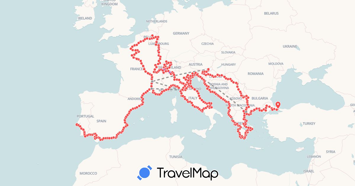 TravelMap itinerary: plane, train, running in Albania, Bosnia and Herzegovina, Belgium, Bulgaria, Switzerland, Spain, France, Greece, Croatia, Italy, Luxembourg, Montenegro, Portugal, Serbia, Slovenia (Europe)