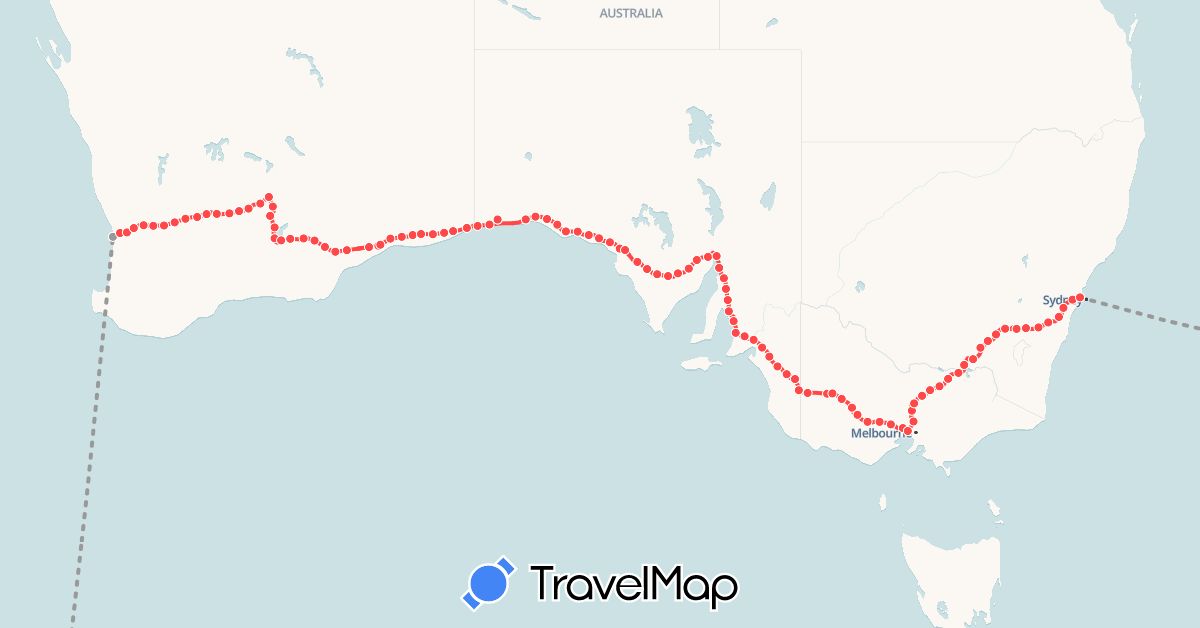 TravelMap itinerary: plane, hiking, running in Argentina, Australia, New Zealand (Oceania, South America)