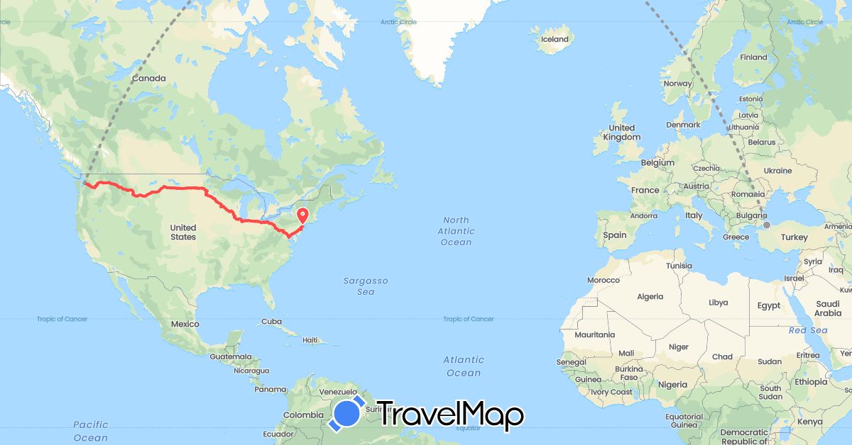 TravelMap itinerary: plane, running in Turkey, United States (Asia, North America)