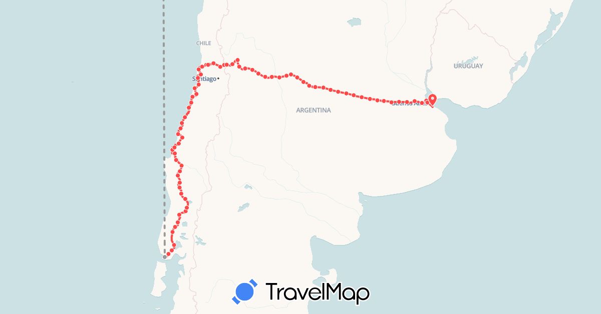 TravelMap itinerary: plane, running in Argentina, Chile, United States (North America, South America)